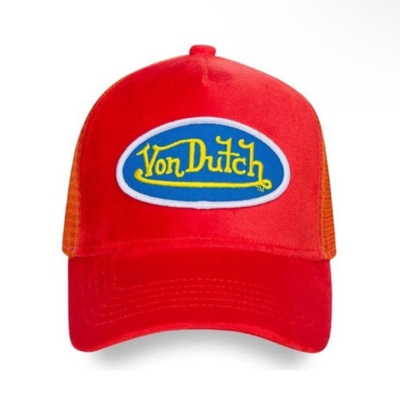 Von Dutch Hollywood Patch Orange VELVET Trucker Hat| Adjustable/Snapback|NEW/NWT - Picture 1 of 14